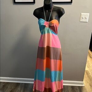 Striped Strapless Maxi Dress in Pink, Blue & Orange